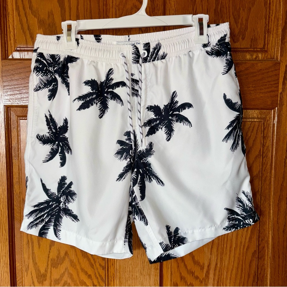 Maamgic White Swim Shorts with Black Palm Print